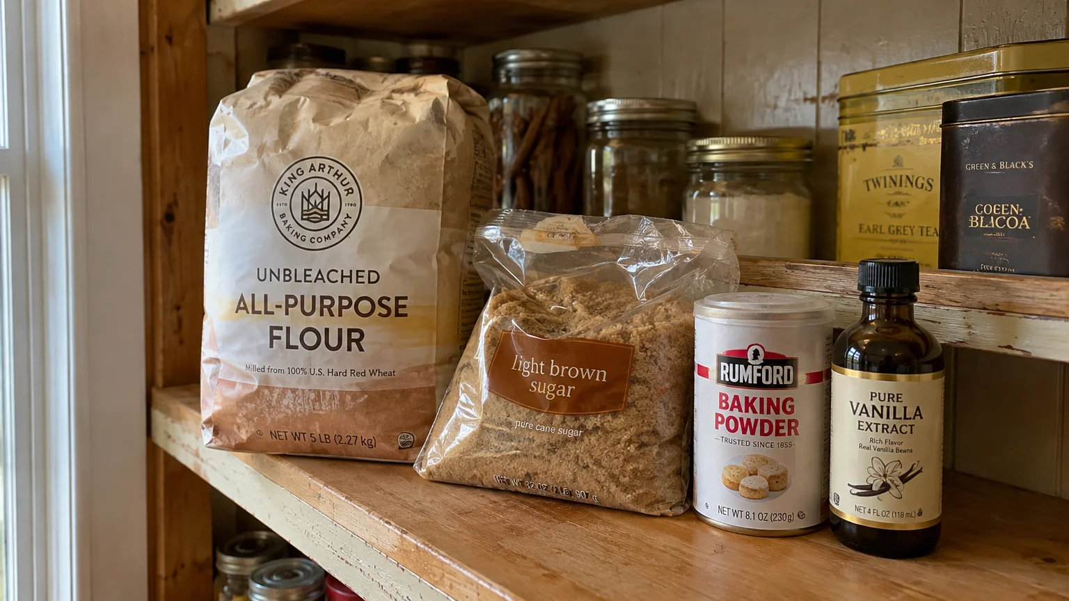 A bag of all-purpose flour, brown sugar, baking powder, and pure vanilla extract lined up on a wooden pantry shelf.