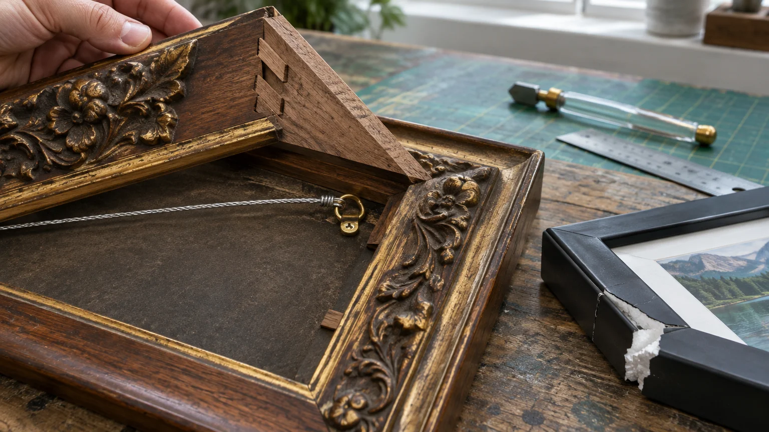 Hand inspecting the corner joinery of an ornate wooden frame beside a broken black frame on a wooden workbench.