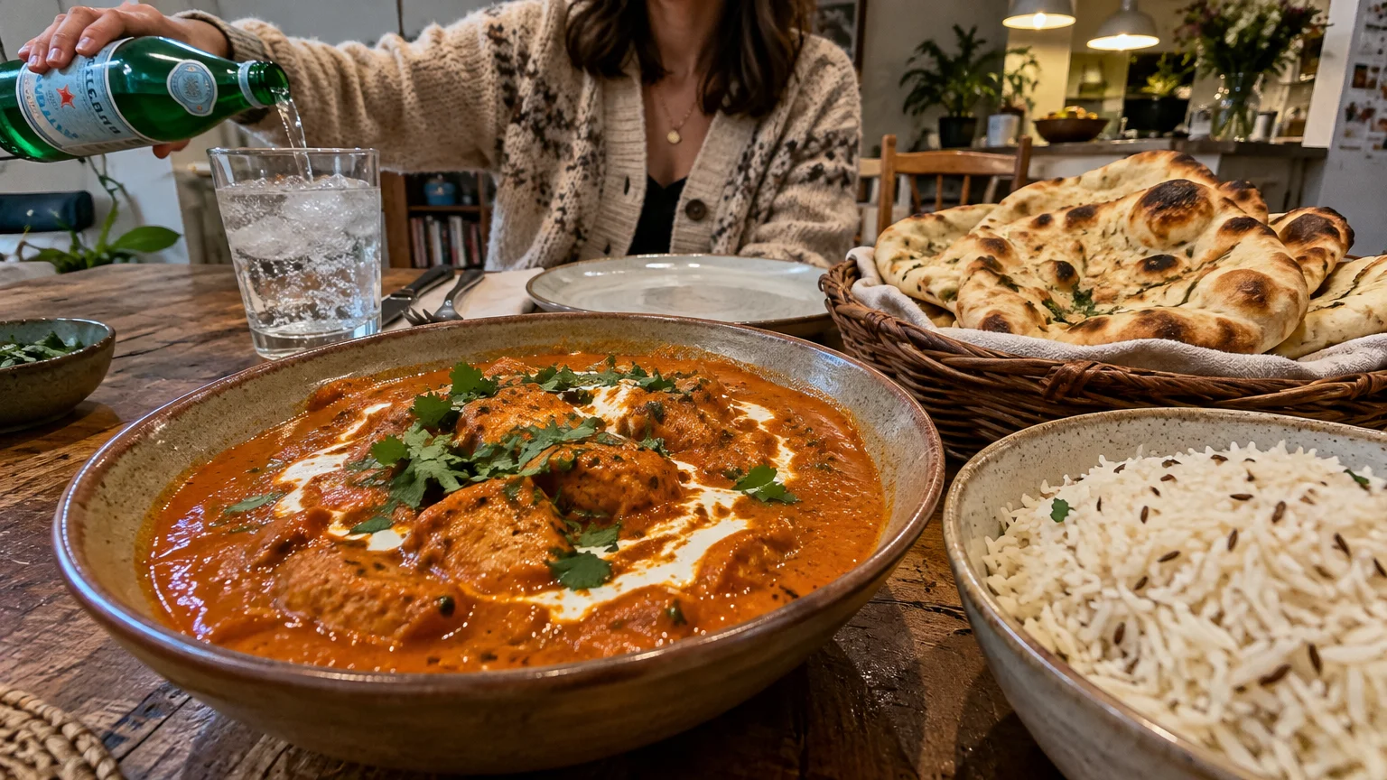 A bowl of butter chicken garnished with cream and cilantro, served with white rice, flatbread in a basket, and water.