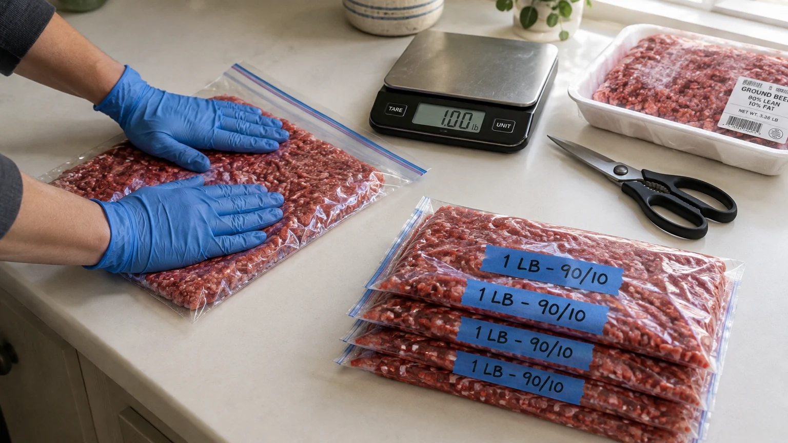 Gloved hands flattening raw ground beef in a zip bag next to stacked labeled bags, a digital scale, and scissors.