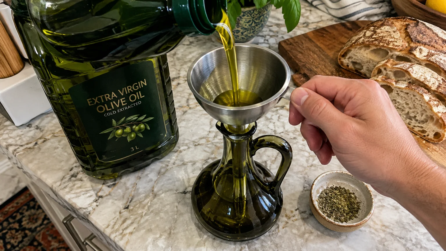 Pouring olive oil from a large three-liter bottle through a metal funnel into a smaller green glass cruet.