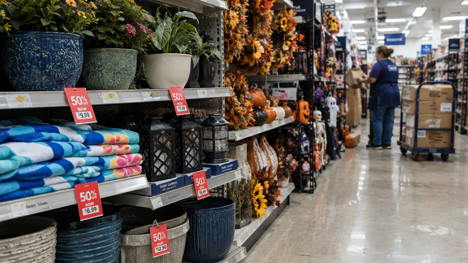Retail aisle shelving with red 50% off tags on planters and lanterns next to Halloween decorations and a store worker.