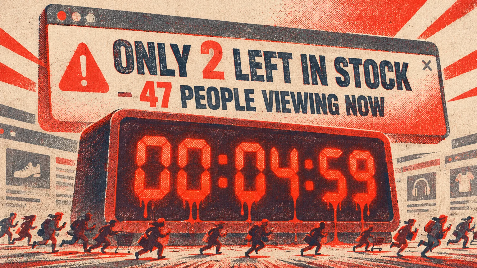 Illustration of people rushing beneath a digital countdown clock and a pop-up saying only two items are left in stock.