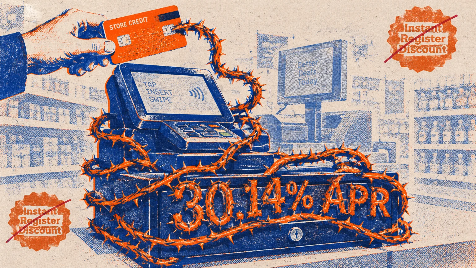 Risograph illustration of a retail checkout register and store credit card tangled in thorny vines reading 30.14% APR.