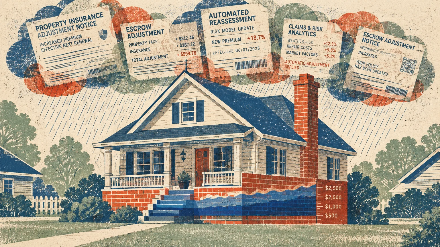 Illustration of a suburban house beneath storm clouds shaped like escrow adjustment notices, with rising price levels.