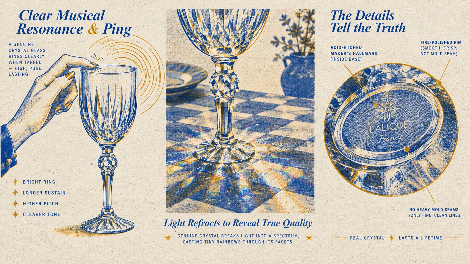 Three-panel vintage blue and gold illustration showing crystal glassware testing methods, light refraction, and hallmarks.