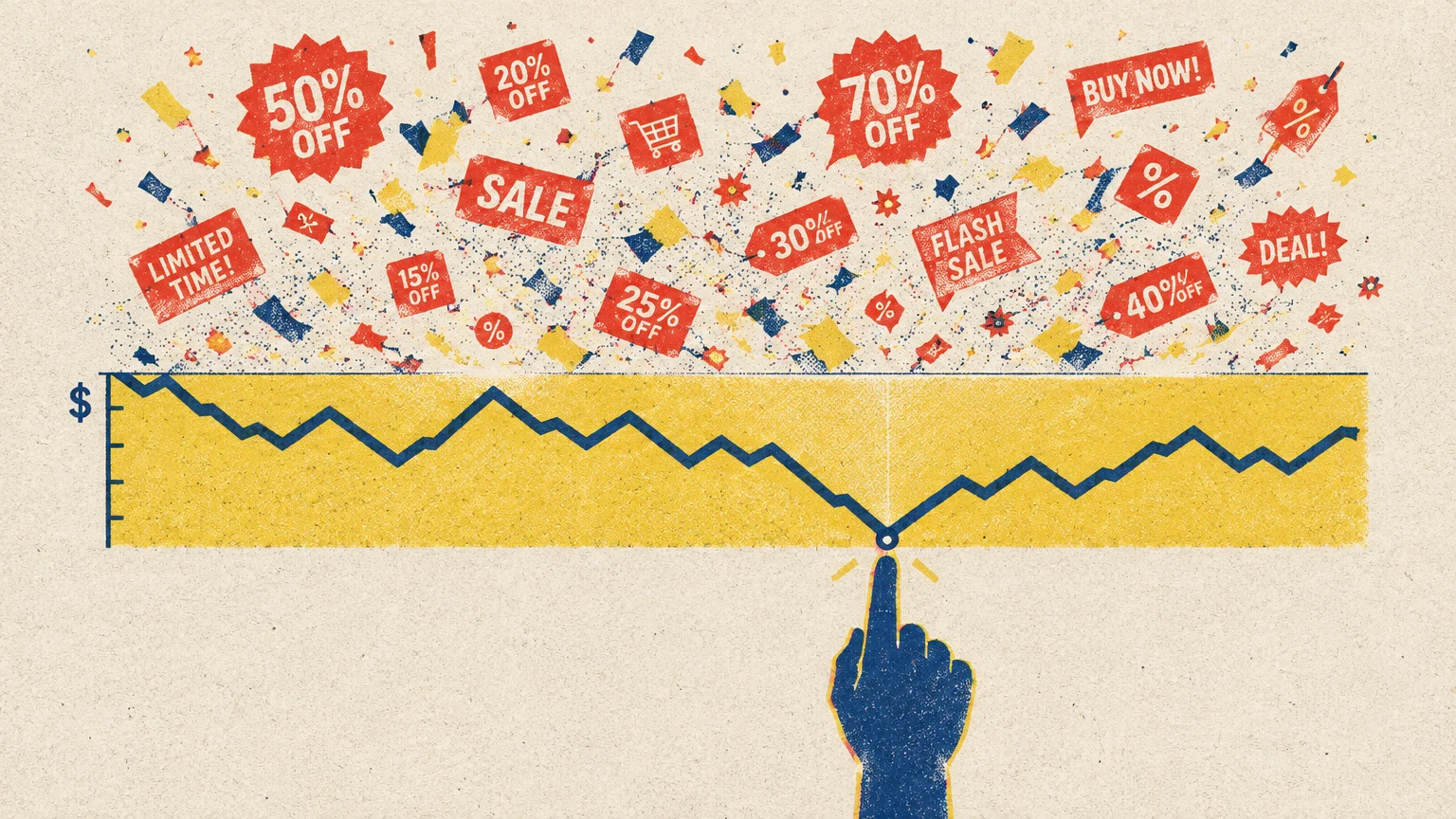 Risograph illustration of a finger pointing at the lowest point on a line graph beneath floating red discount tags.