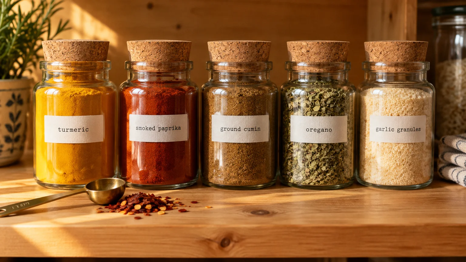 Five labeled glass jars with cork stoppers containing turmeric, smoked paprika, ground cumin, oregano, and garlic granules.