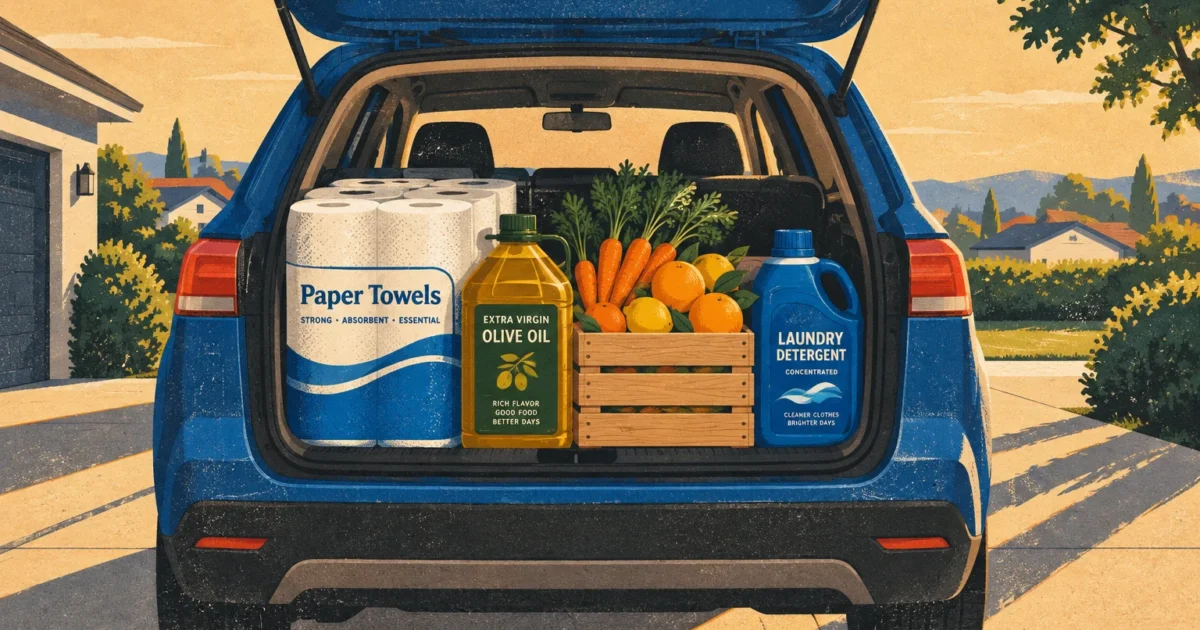 Illustration of an open car trunk loaded with paper towels, olive oil, a crate of produce, and laundry detergent.
