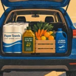 Illustration of an open car trunk loaded with paper towels, olive oil, a crate of produce, and laundry detergent.
