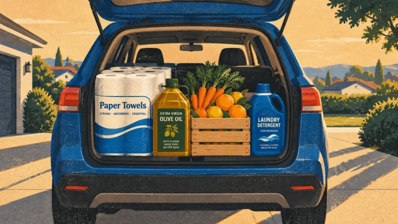 Illustration of an open car trunk loaded with paper towels, olive oil, a crate of produce, and laundry detergent.