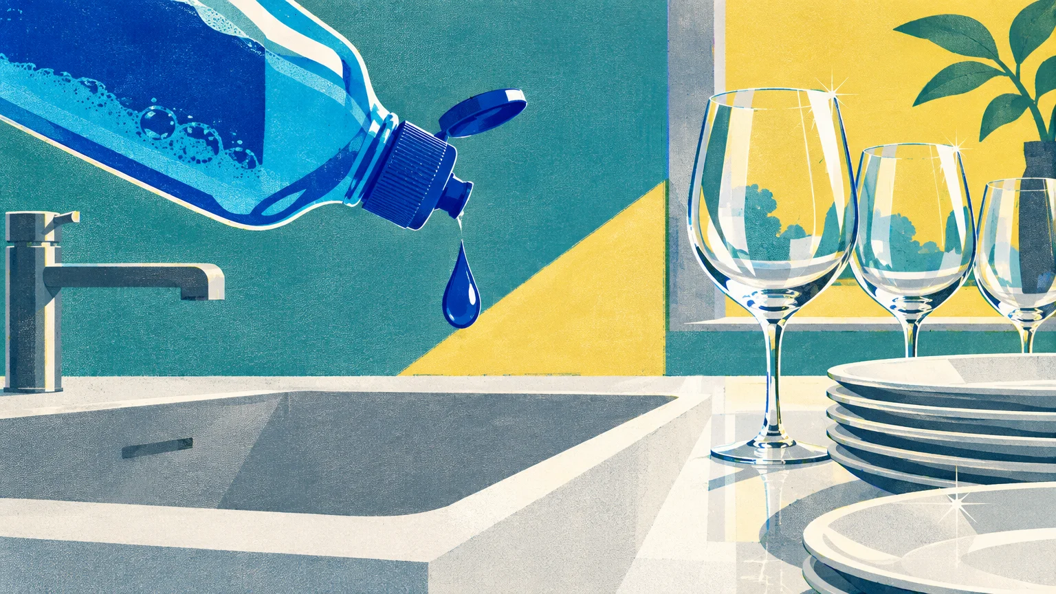 Screenprint illustration of a blue dish soap bottle dripping into a kitchen sink beside wine glasses and stacked plates.