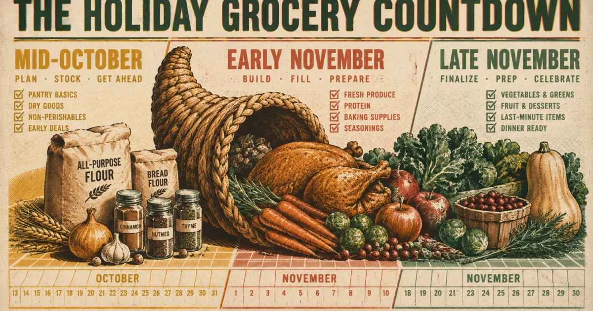 Retro infographic titled The Holiday Grocery Countdown showing timeline calendars, food items, and a cornucopia.