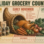 Retro infographic titled The Holiday Grocery Countdown showing timeline calendars, food items, and a cornucopia.