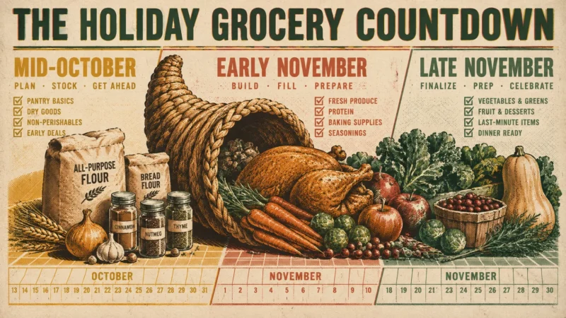 Retro infographic titled The Holiday Grocery Countdown showing timeline calendars, food items, and a cornucopia.