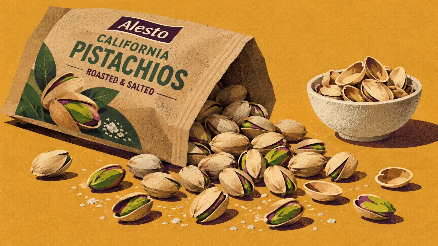 Illustration of an open bag of Alesto California pistachios spilling nuts next to a small bowl of shells on yellow.