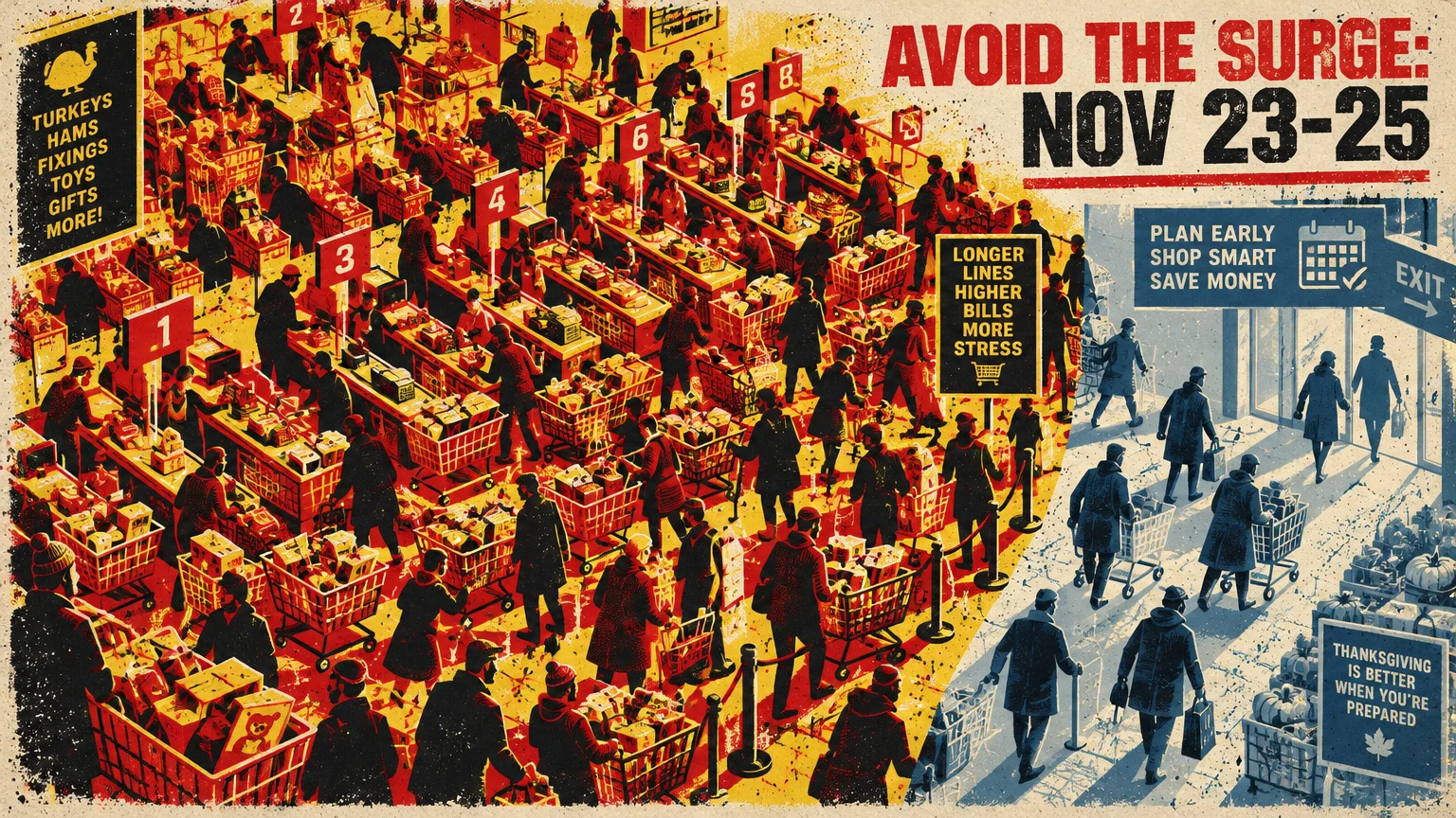 Screenprint illustration contrasting a crowded grocery store checkout surge with a calm store exit and shopping tips.