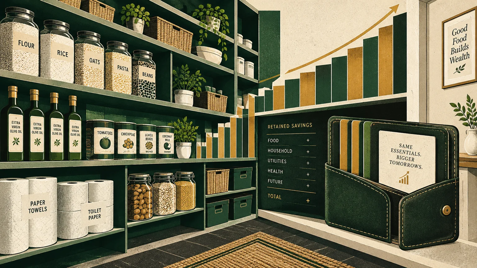 Screenprint illustration of an organized pantry beside a rising savings bar chart and an open wallet.