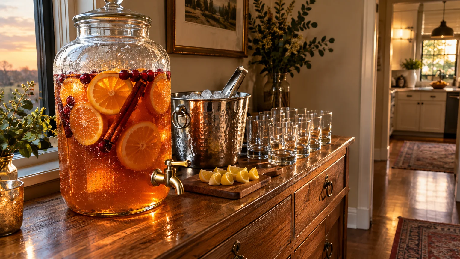 Glass drink dispenser filled with fruit punch alongside an ice bucket, glassware, and lemon wedges on a wooden credenza.