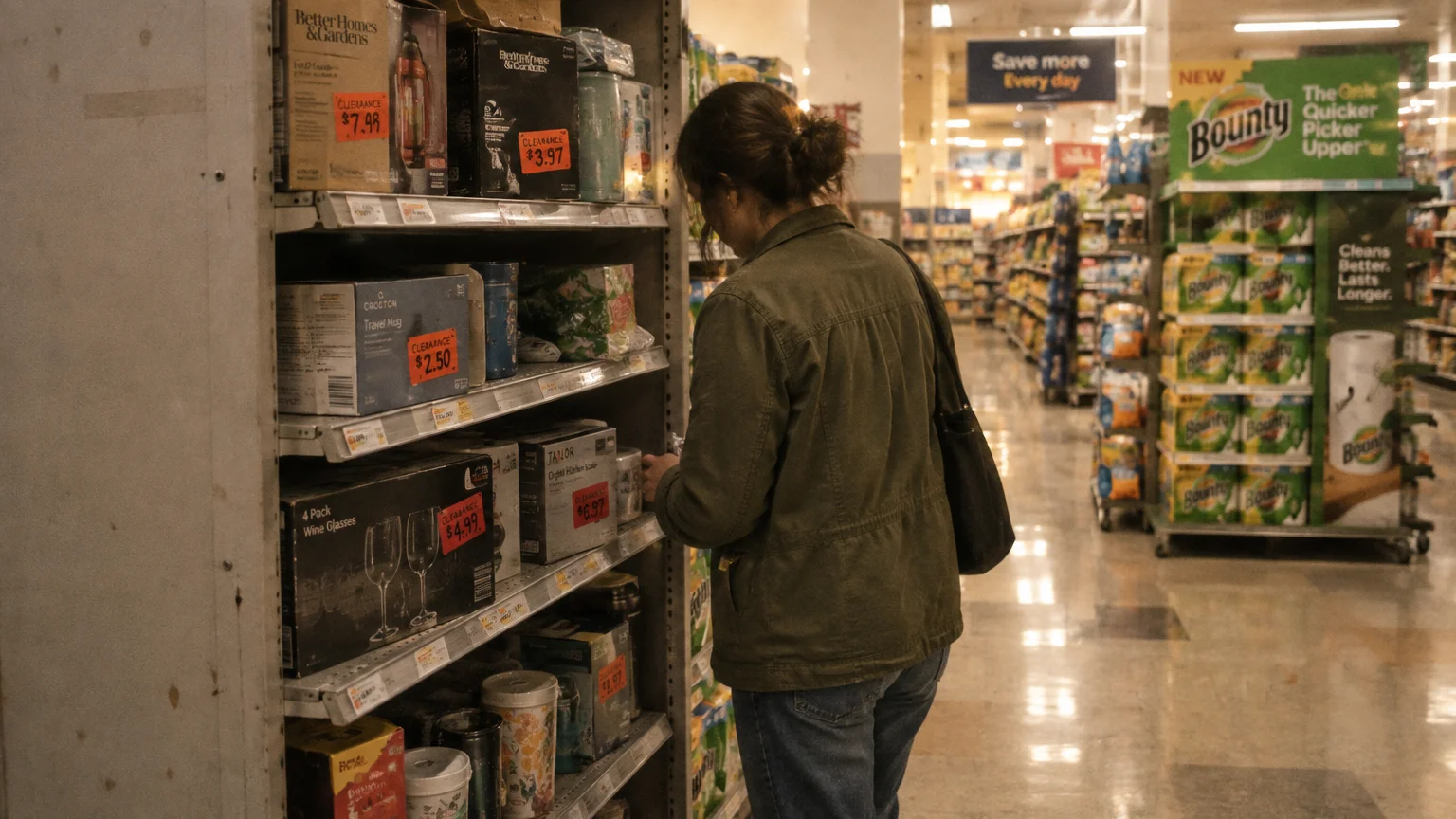 A shopper browses marked-down household items on metal shelves facing away from a bright grocery store aisle.