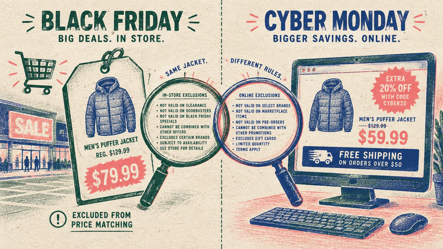Split risograph graphic comparing Black Friday in-store pricing with Cyber Monday online deals and retail exclusions.