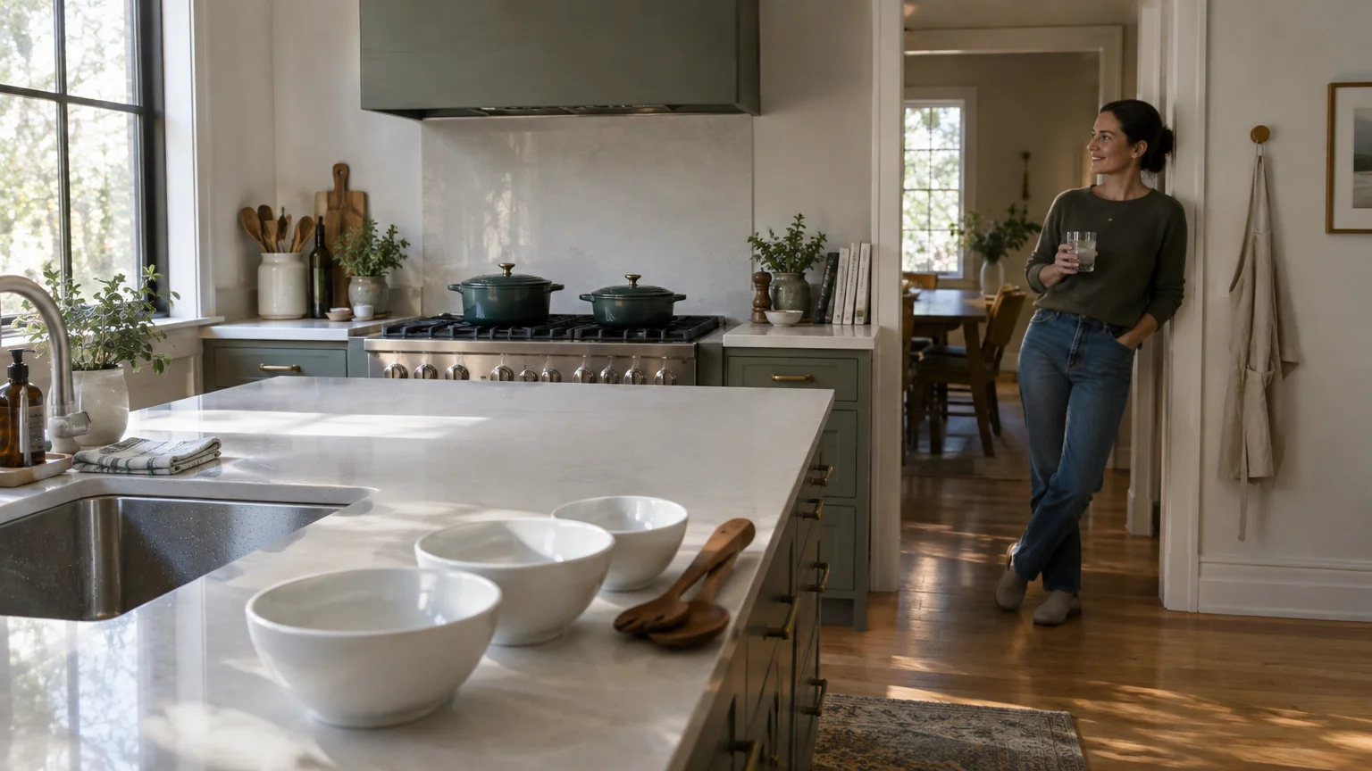 A smiling woman holding a drink leans against a doorway in a clean, quiet kitchen with pots simmering on the stove.