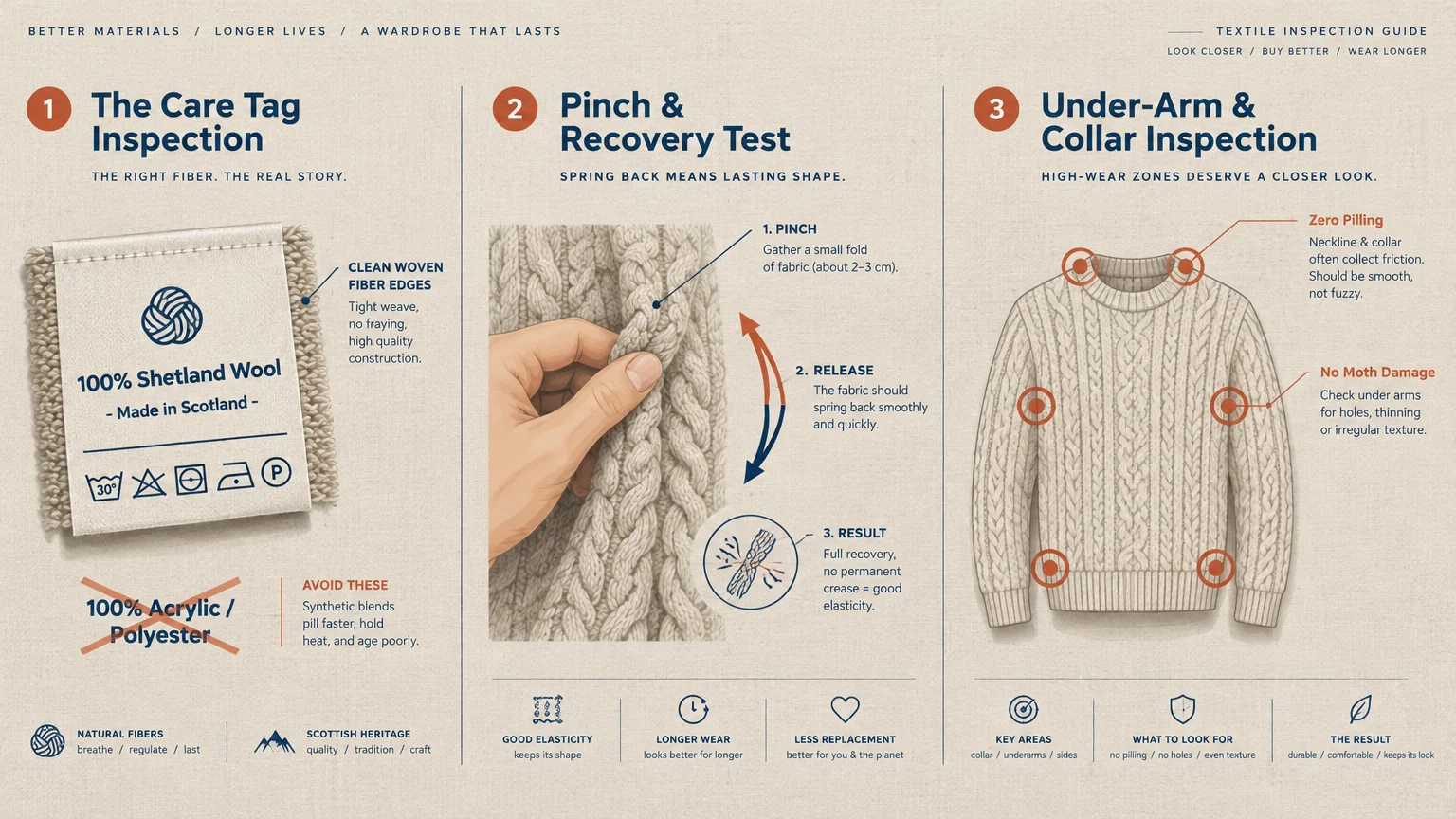 Three-step textile inspection guide showing care tag details, a fabric pinch test, and sweater wear zones.