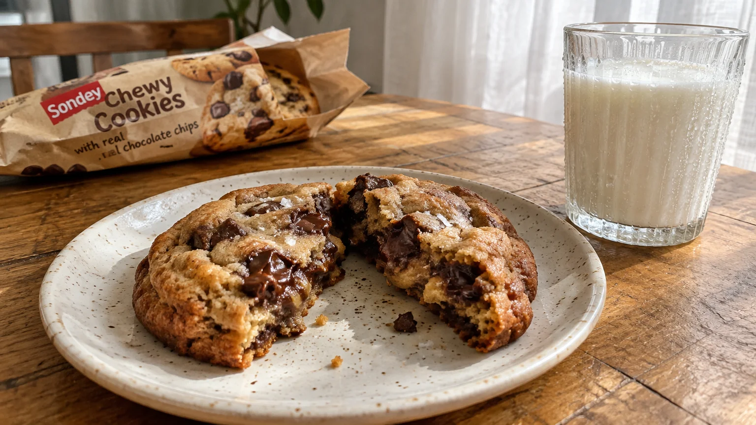 A thick chocolate chip cookie broken in half on a plate next to a glass of milk and a Sondey cookie bag.