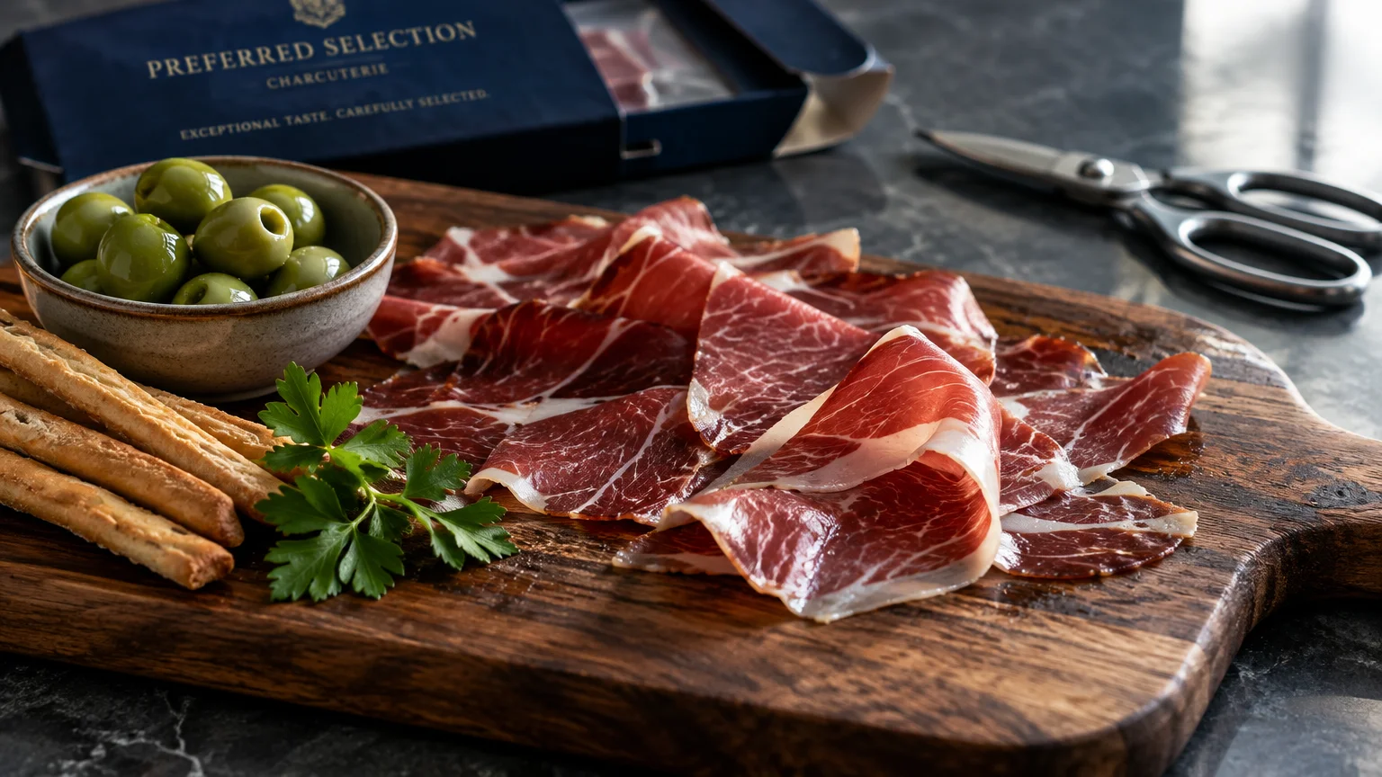 Sliced Jamón Serrano ham on a wooden board served with green olives, breadsticks, and a Preferred Selection package behind.