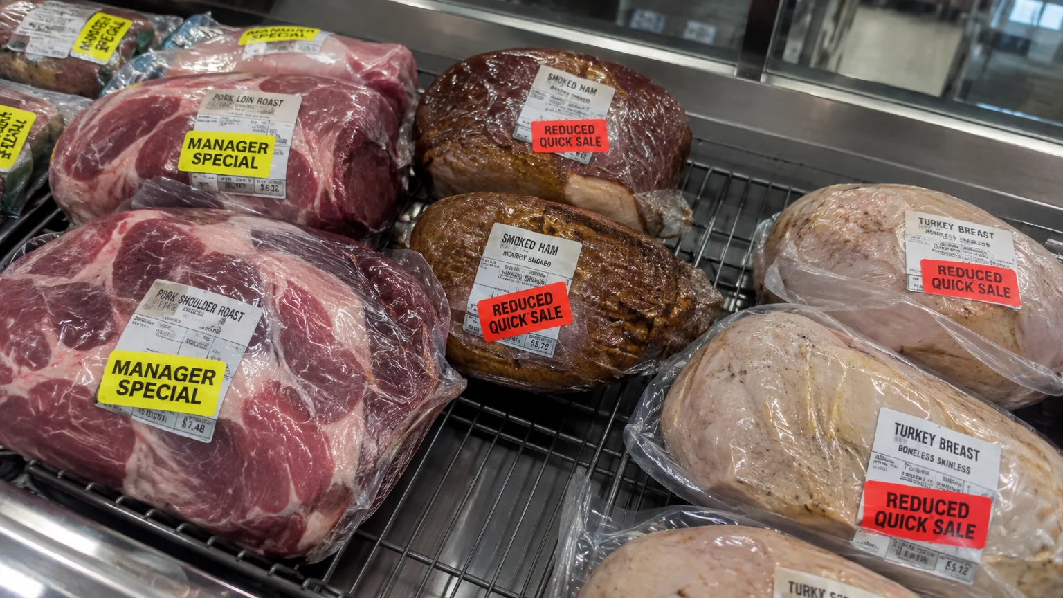 Packaged pork roasts, smoked hams, and turkey breasts with yellow and orange clearance stickers in a grocery meat cooler.