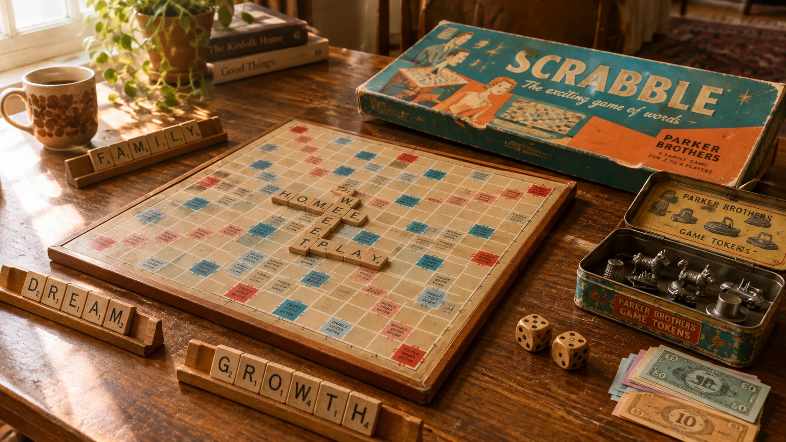 Vintage Scrabble board set up on a wooden table beside letter tiles, play money, dice, and metal tokens in a tin box.