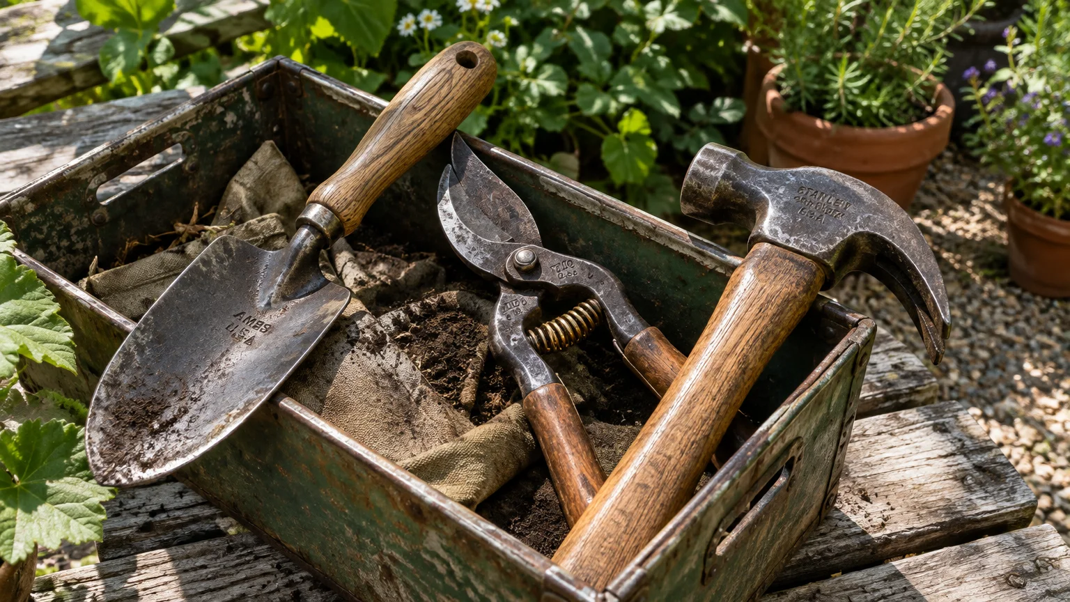 A vintage metal garden trowel, pruning shears, and a Stanley claw hammer resting inside a rustic green metal bin outdoors.