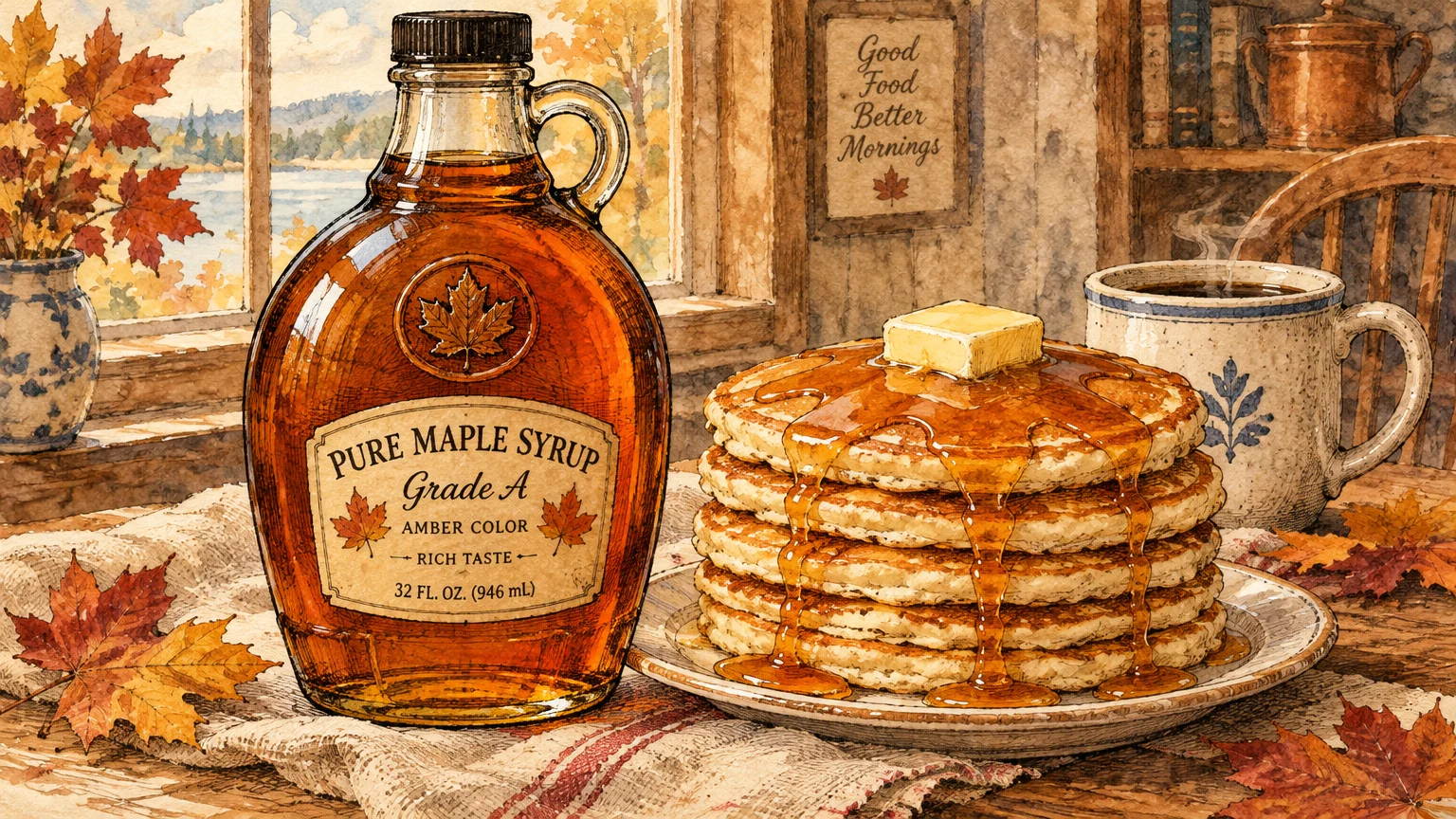 Watercolor illustration of a glass bottle of Grade A pure maple syrup next to a stack of pancakes and a cup of coffee.