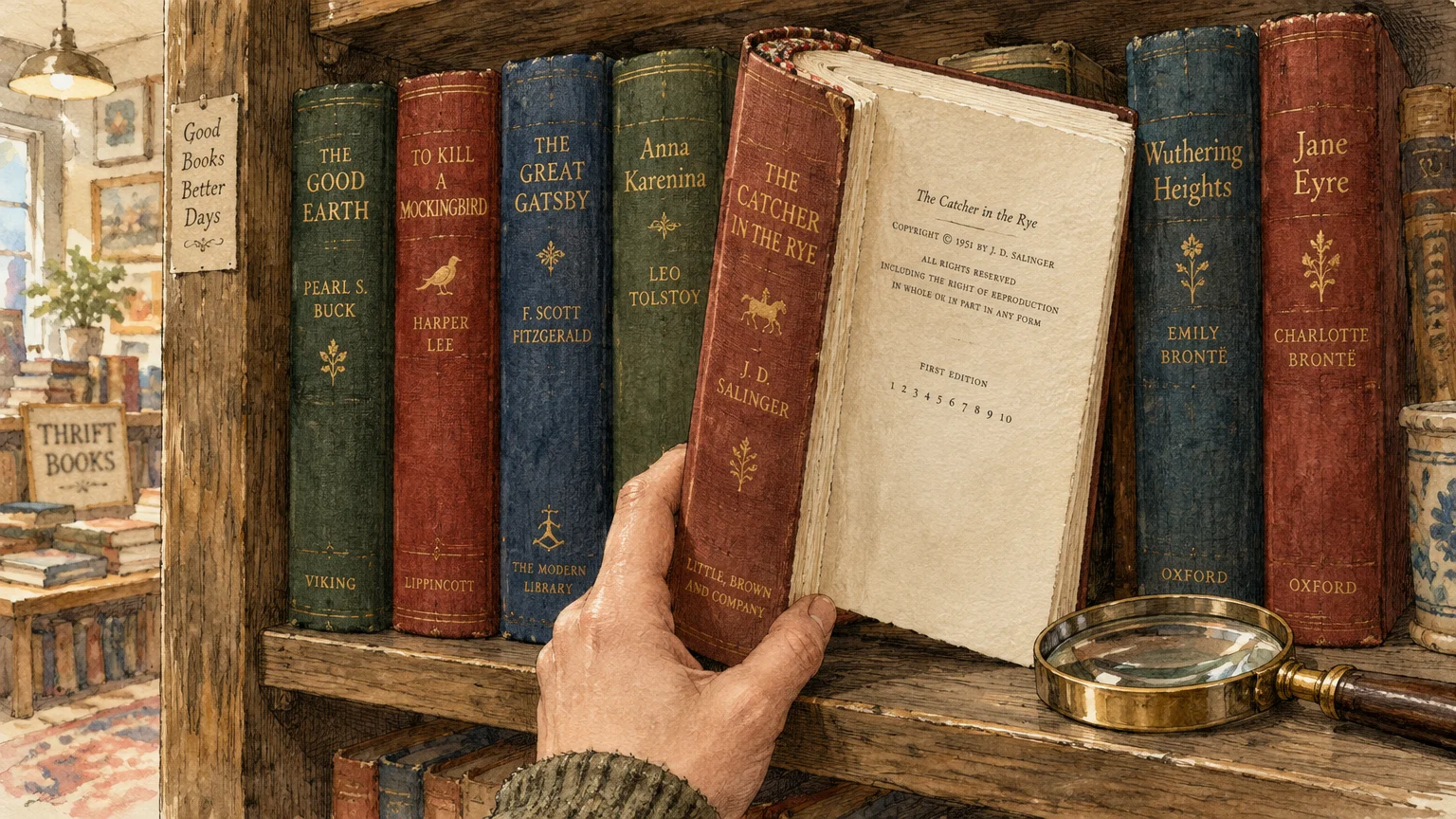 A hand opens a copy of The Catcher in the Rye to its copyright page on a wooden bookshelf beside a magnifying glass.