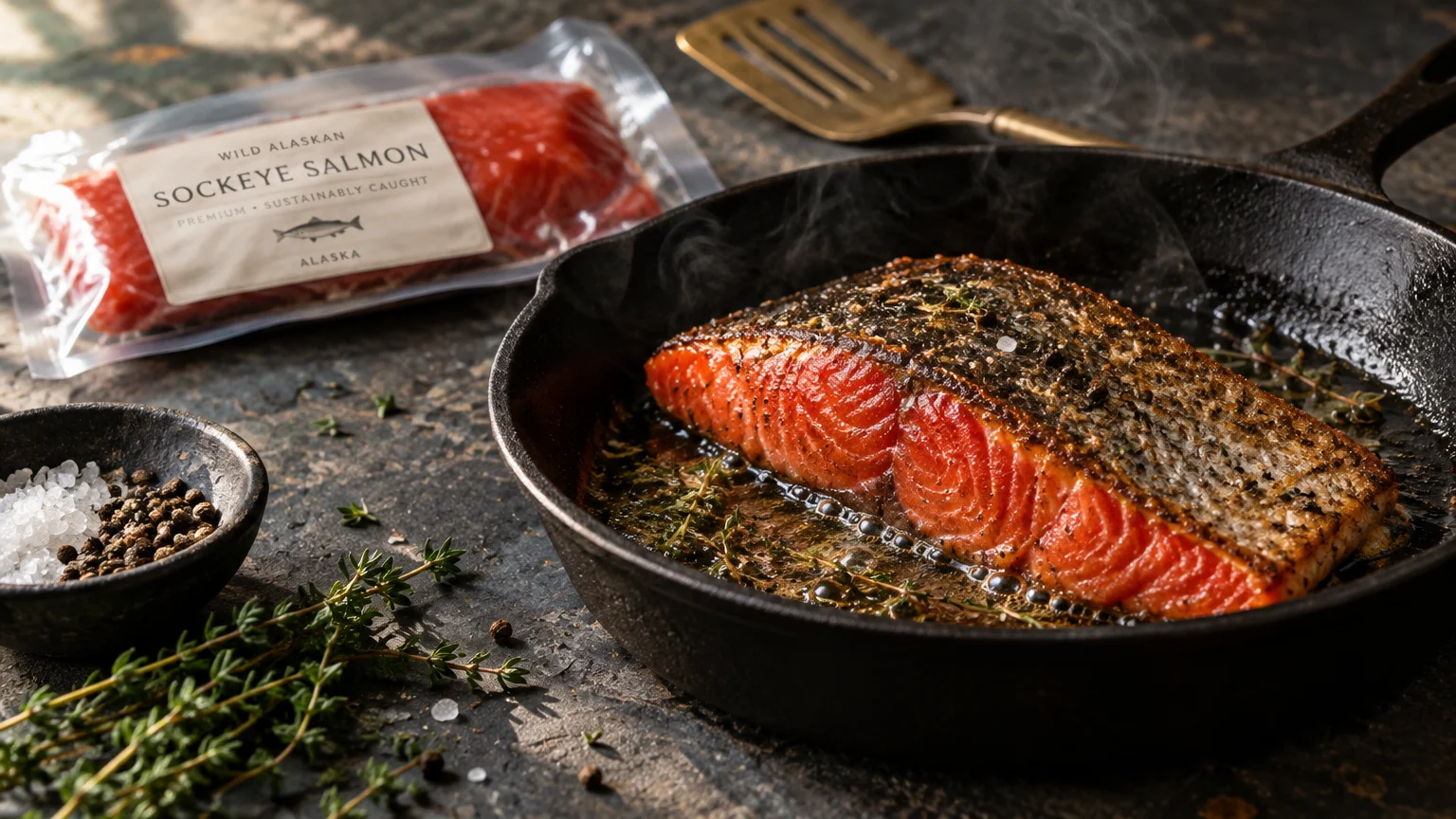 Sockeye salmon fillet searing in a cast-iron skillet beside a vacuum-sealed raw portion, fresh thyme, and salt.