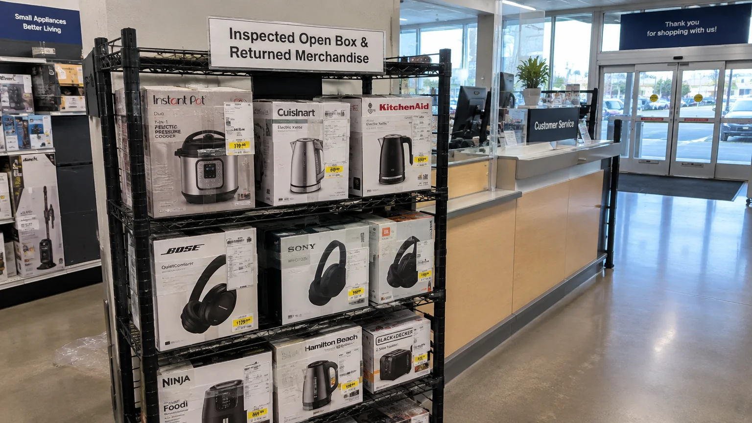 Wire shelf holding boxed electronics and small appliances next to a store customer service counter.